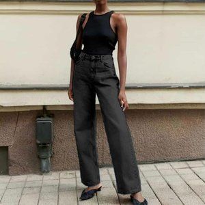 NWT ZARA FULL LENGTH ZW COLLECTION STRAIGHT LEG JEANS WITH A HIGH WAIST GRAY